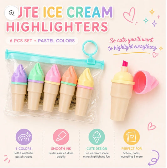 Cute Ice Cream Highlighters -
6 Pastel Colors Set